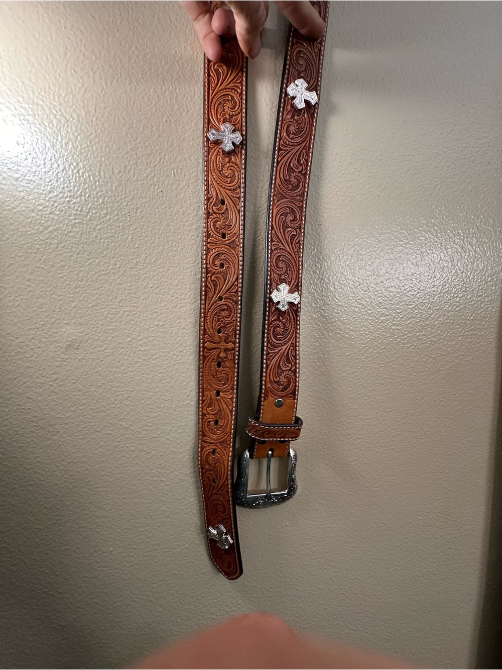 Nocona Tooled Brown Leather Belt with Silver Cross Conchos